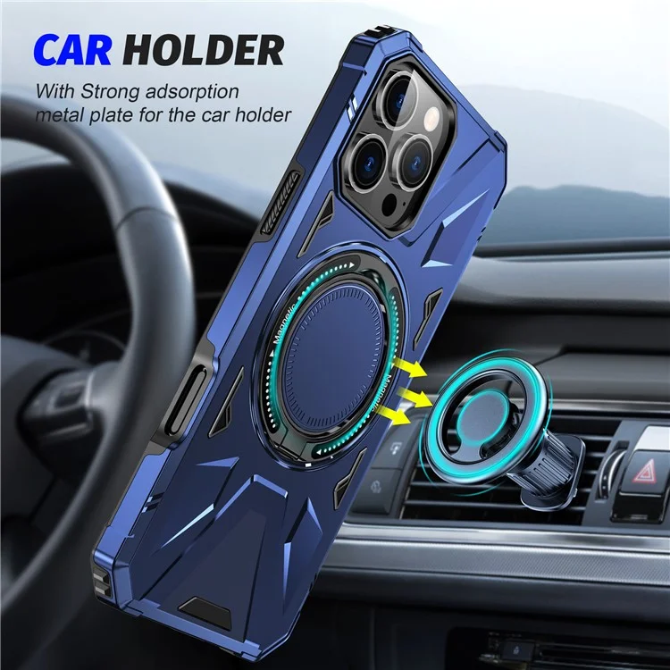 For iPhone 16 Pro Magnetic Case TPU+PC Ring Kickstand Anti-Drop Phone Cover - Navy Blue