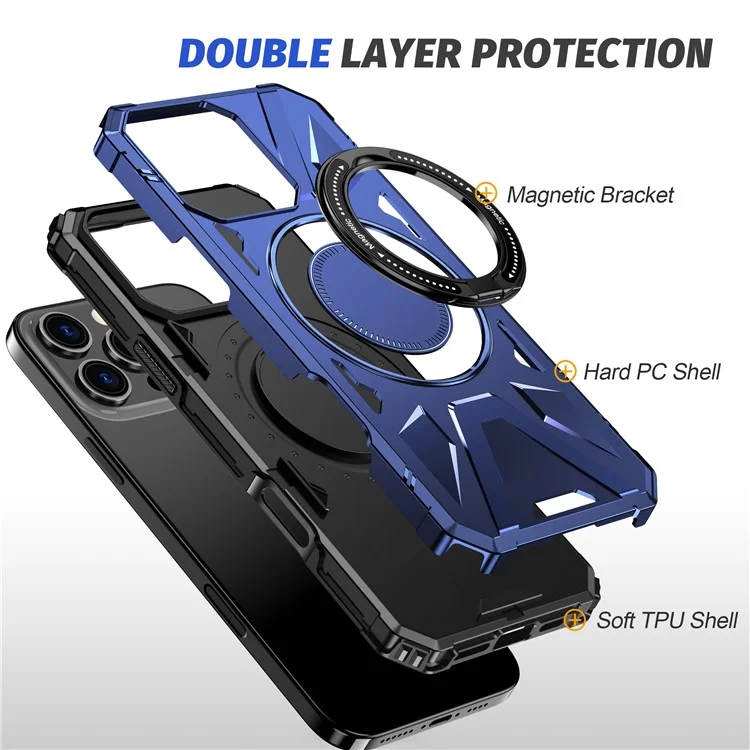 For iPhone 16 Pro Magnetic Case TPU+PC Ring Kickstand Anti-Drop Phone Cover - Navy Blue