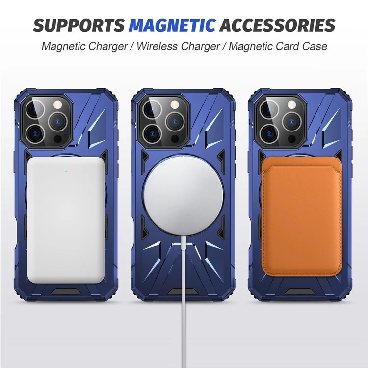 For iPhone 16 Pro Magnetic Case TPU+PC Ring Kickstand Anti-Drop Phone Cover - Navy Blue