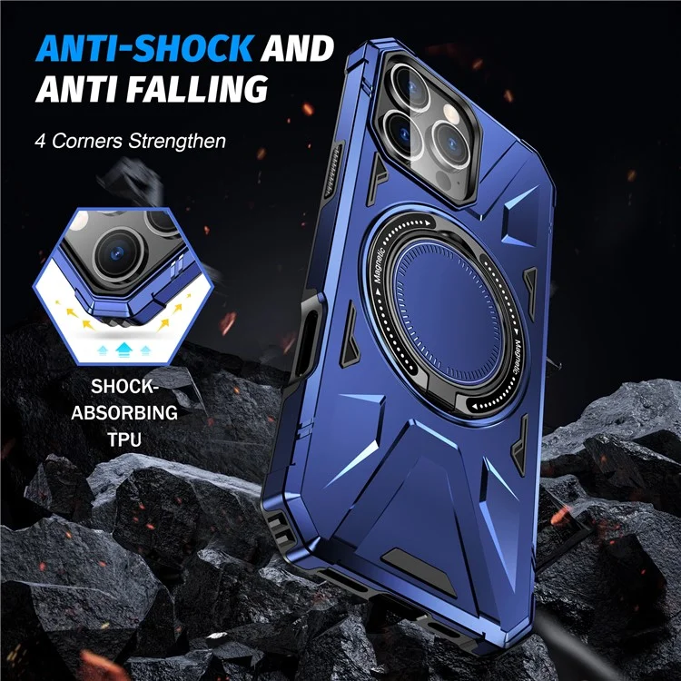 For iPhone 16 Pro Magnetic Case TPU+PC Ring Kickstand Anti-Drop Phone Cover - Navy Blue