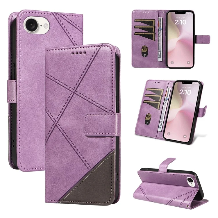 For iPhone 16e Case Leather Card Holder Phone Cover Geometric Line - Purple