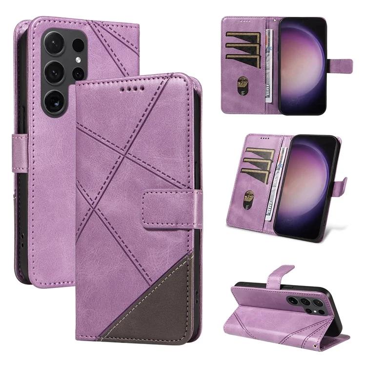 Para Samsung Galaxy S24 Ultra Case PU Leather Phone Cover com suporte para cartão Geometric Line - Roxo