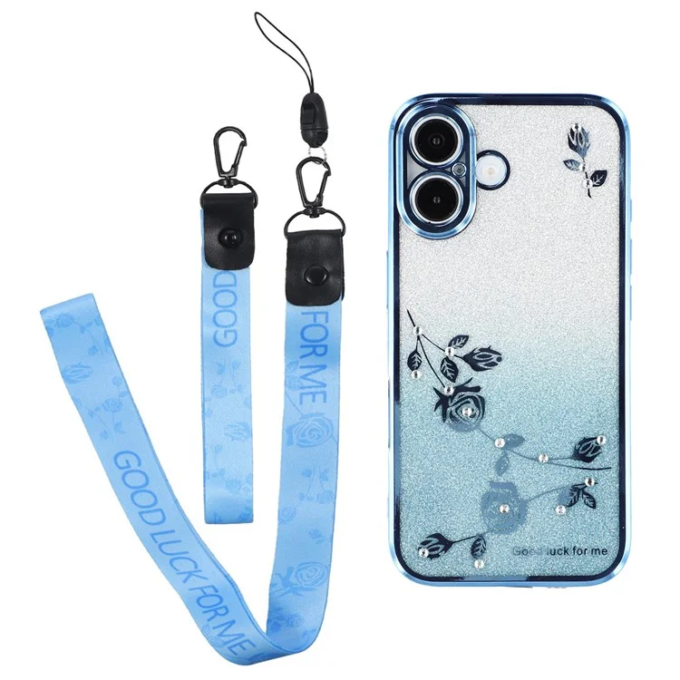 KADEM Funda para iPhone 16 Plus Diseño Degradado Brillante Floral TPU Funda para Teléfono con Cordones - Azul