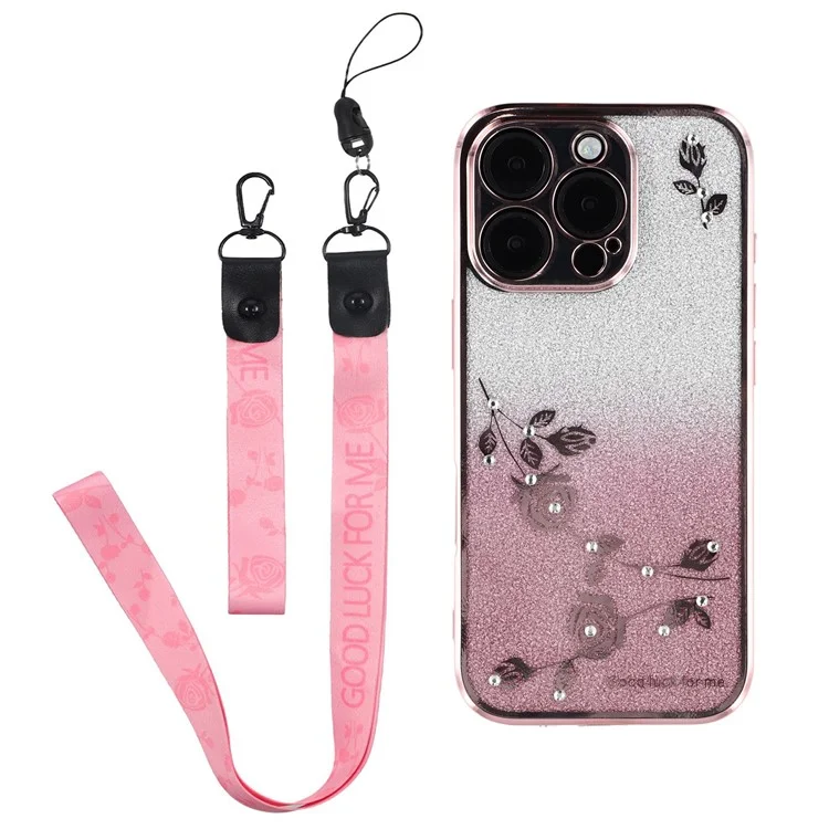 KADEM For iPhone 16 Pro Case with Lanyards TPU Gradient Sparkle Phone Cover Eternal Flower - Rose Gold