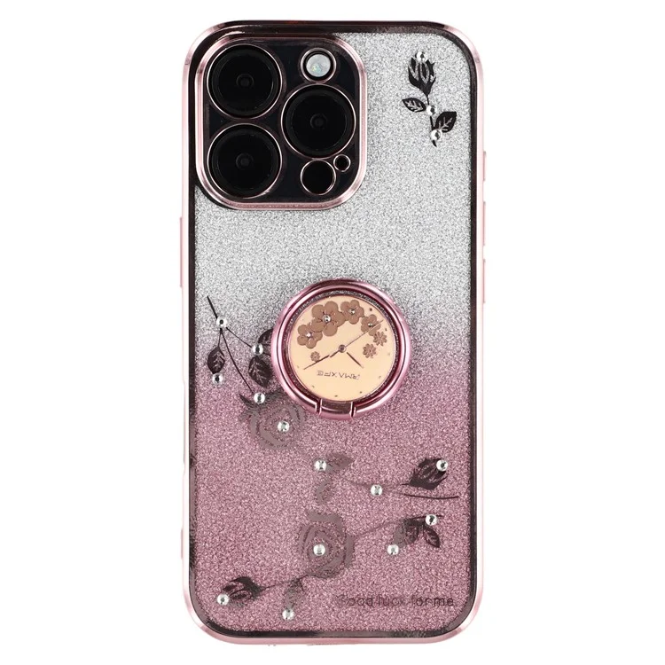 KADEM Para iPhone 16 Pro Max Funda TPU Gradiente Flores Cubierta de Teléfono Anillo Soporte - Oro Rosa