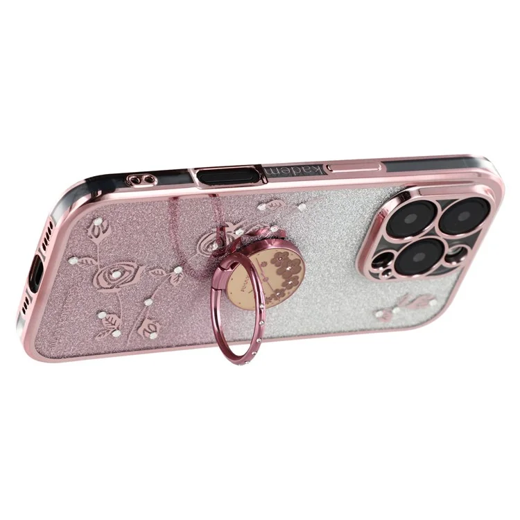 KADEM Para iPhone 16 Pro Max Funda TPU Gradiente Flores Cubierta de Teléfono Anillo Soporte - Oro Rosa