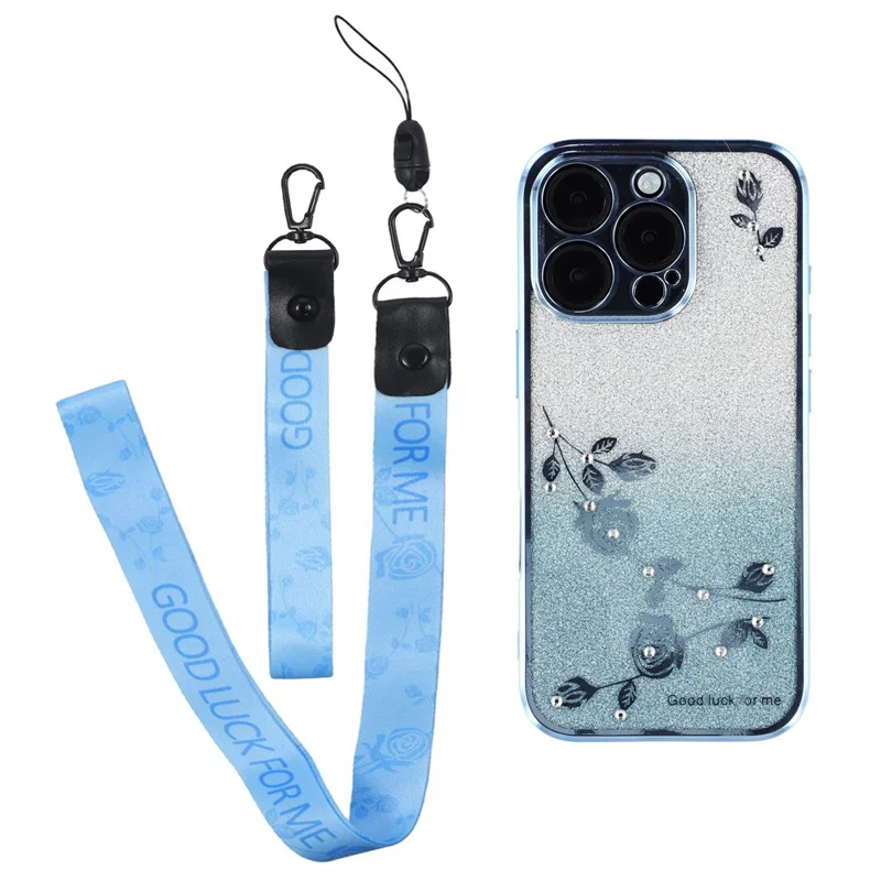 KADEM For iPhone 16 Pro Max Case Rhinestone Decor TPU Phone Cover with Lanyards Gradient - Blue