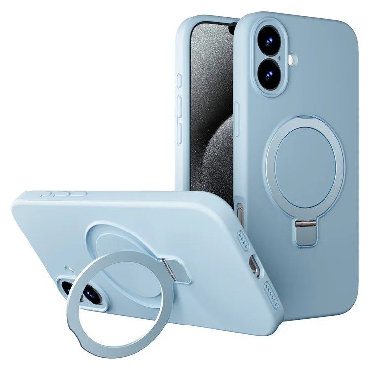 For iPhone 16 Plus Case Compatible with MagSafe Liquid Silicone Phone Cover Rotatable Kickstand - Sky Blue