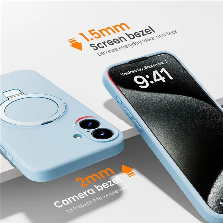 For iPhone 16 Plus Case Compatible with MagSafe Liquid Silicone Phone Cover Rotatable Kickstand - Sky Blue