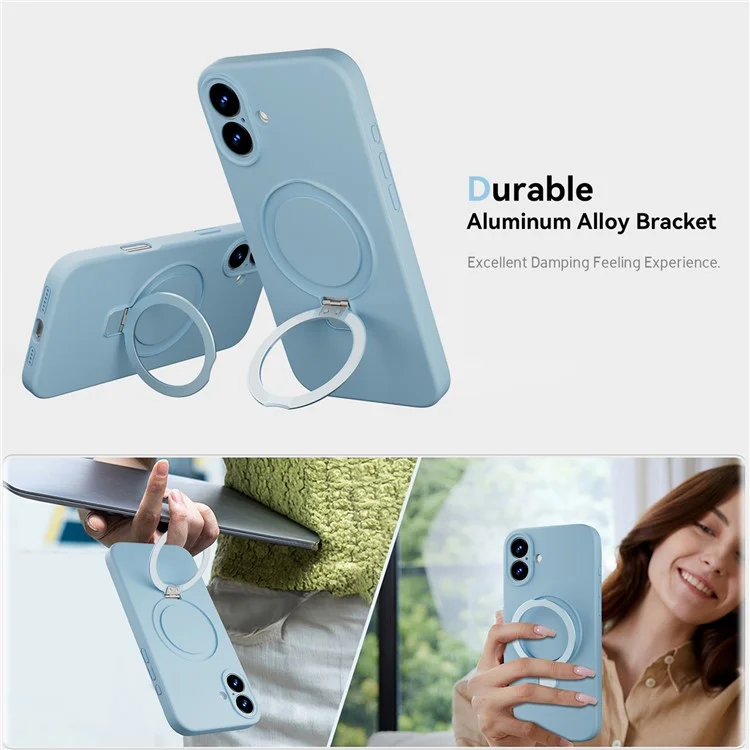 For iPhone 16 Plus Case Compatible with MagSafe Liquid Silicone Phone Cover Rotatable Kickstand - Sky Blue