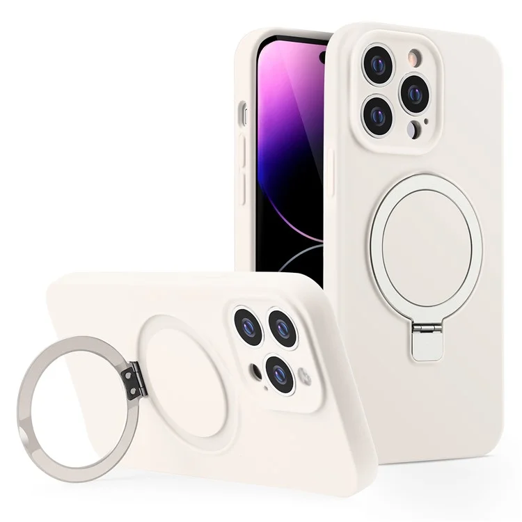 For iPhone 16 Pro Case Liquid Silicone Phone Cover Defense Magnetic Kickstand - White