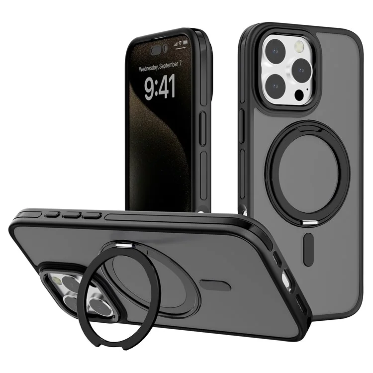 C1-Serie für iPhone 16 Pro Case Matte Transluzente Rückseite TPU+PC Handyhülle Rotierender magnetischer Ständer - Schwarz