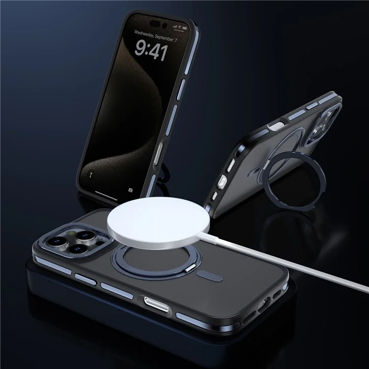 C1-Serie für iPhone 16 Pro Case Matte Transluzente Rückseite TPU+PC Handyhülle Rotierender magnetischer Ständer - Schwarz