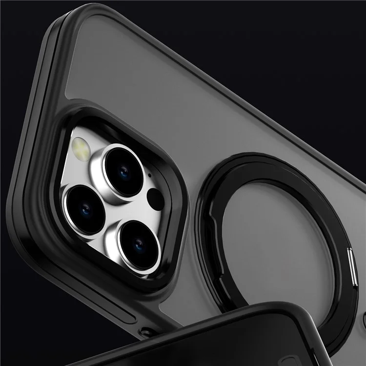 C1-Serie für iPhone 16 Pro Case Matte Transluzente Rückseite TPU+PC Handyhülle Rotierender magnetischer Ständer - Schwarz