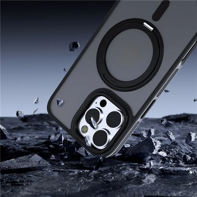 C1-Serie für iPhone 16 Pro Case Matte Transluzente Rückseite TPU+PC Handyhülle Rotierender magnetischer Ständer - Schwarz