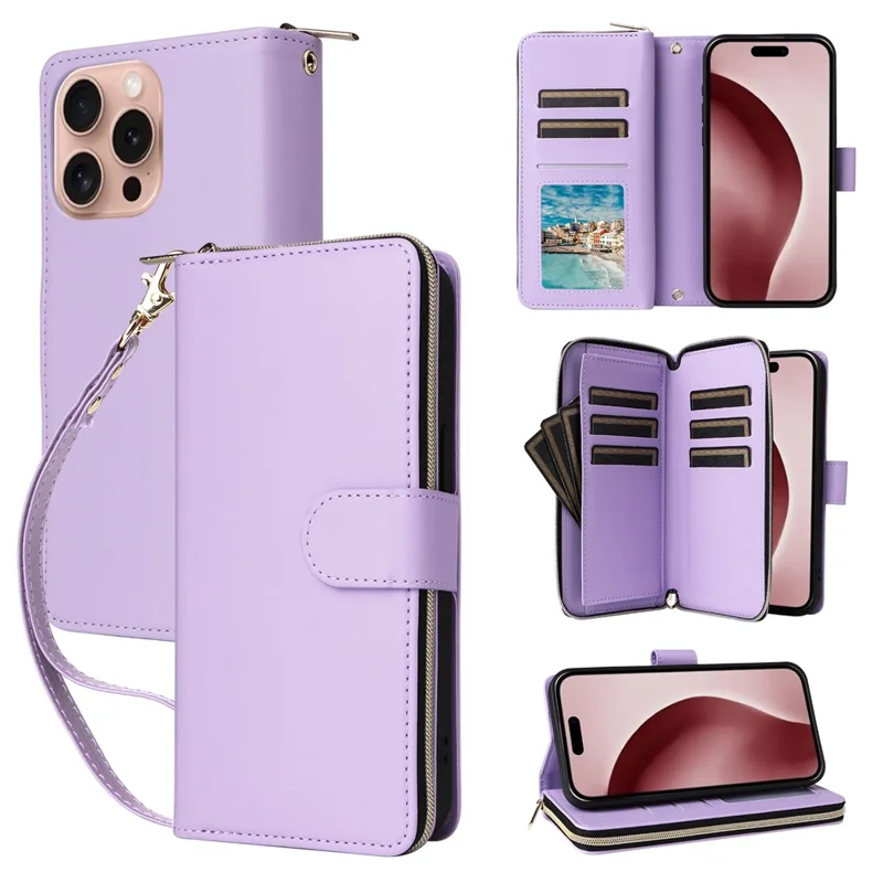 R20 For iPhone 16 Pro Case Zipper Pocket Wallet Leather Phone Cover - Light Purple