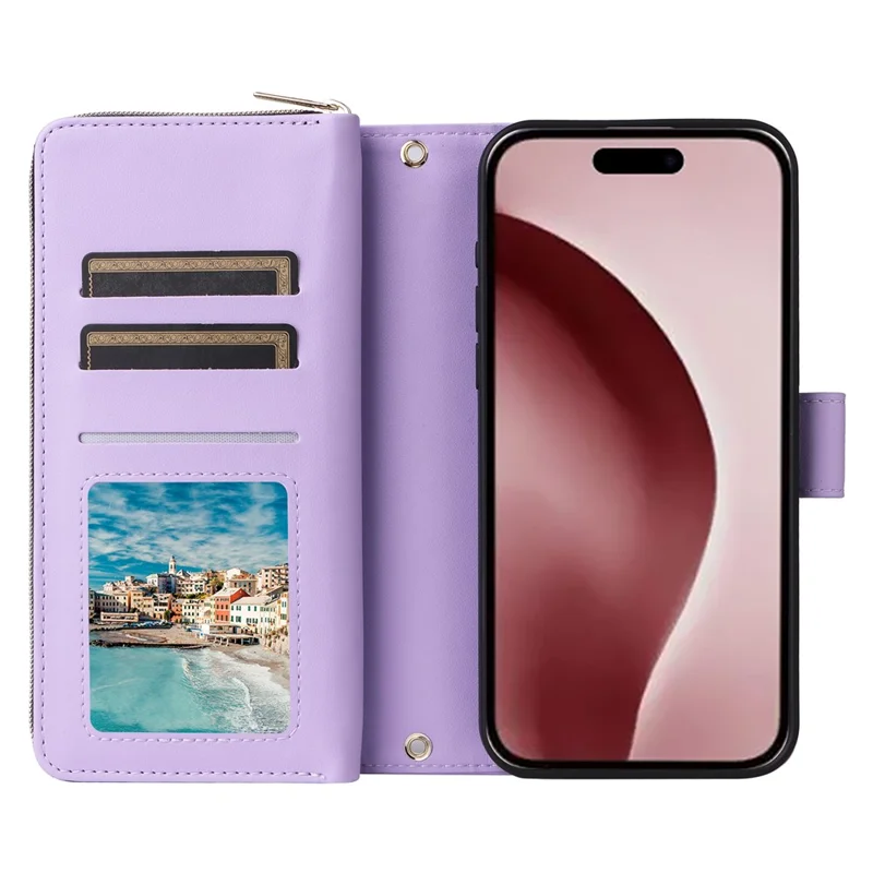 R20 For iPhone 16 Pro Case Zipper Pocket Wallet Leather Phone Cover - Light Purple