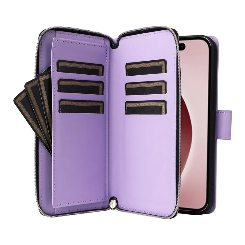 R20 For iPhone 16 Pro Case Zipper Pocket Wallet Leather Phone Cover - Light Purple