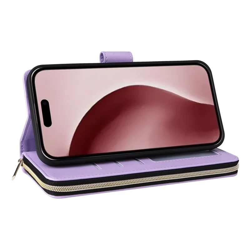 R20 For iPhone 16 Pro Case Zipper Pocket Wallet Leather Phone Cover - Light Purple