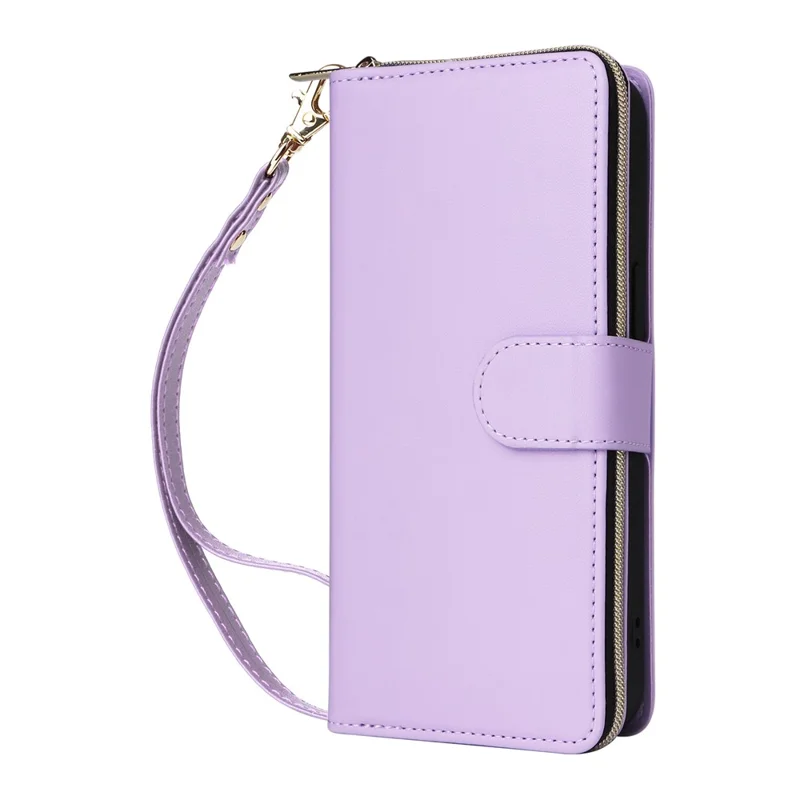 R20 For iPhone 16 Pro Case Zipper Pocket Wallet Leather Phone Cover - Light Purple