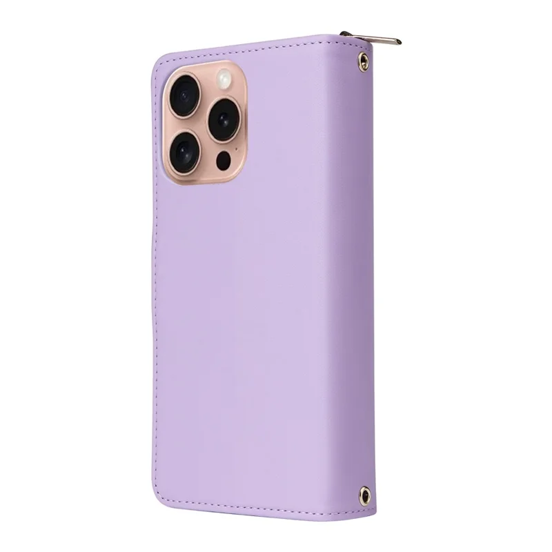 R20 For iPhone 16 Pro Case Zipper Pocket Wallet Leather Phone Cover - Light Purple