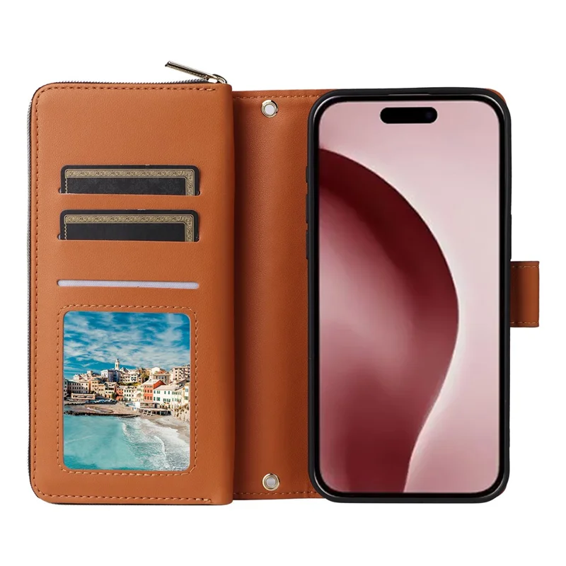 R20 For iPhone 16 Pro Max Case Zipper PU Leather Phone Cover with 9 Card Slots - Brown