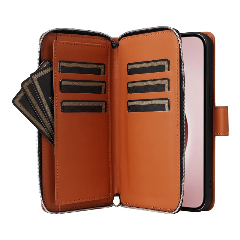 R20 For iPhone 16 Pro Max Case Zipper PU Leather Phone Cover with 9 Card Slots - Brown