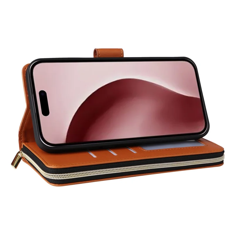 R20 For iPhone 16 Pro Max Case Zipper PU Leather Phone Cover with 9 Card Slots - Brown