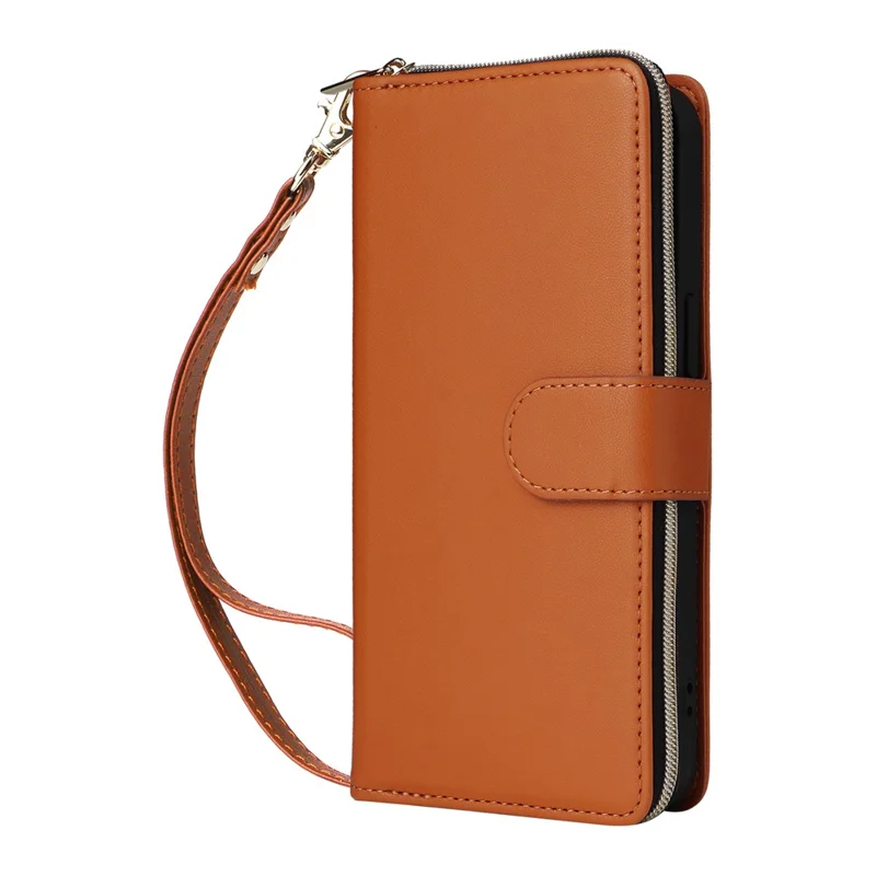R20 For iPhone 16 Pro Max Case Zipper PU Leather Phone Cover with 9 Card Slots - Brown