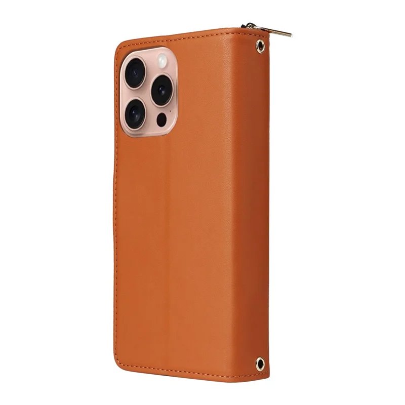 R20 For iPhone 16 Pro Max Case Zipper PU Leather Phone Cover with 9 Card Slots - Brown