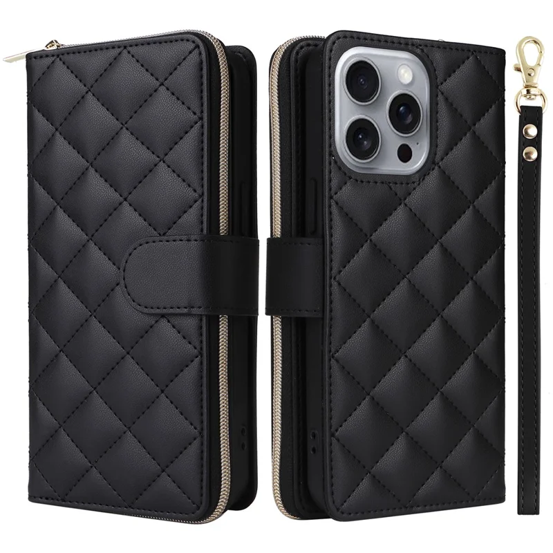 Voor iPhone 16 Pro hoesje met ritssluiting portemonnee PU leer ruitvormig telefoonhoesje met 2 bandjes - Zwart