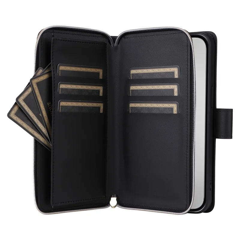 Voor iPhone 16 Pro hoesje met ritssluiting portemonnee PU leer ruitvormig telefoonhoesje met 2 bandjes - Zwart