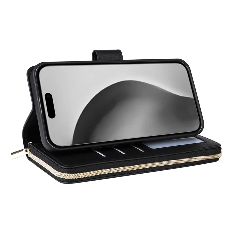 Voor iPhone 16 Pro hoesje met ritssluiting portemonnee PU leer ruitvormig telefoonhoesje met 2 bandjes - Zwart