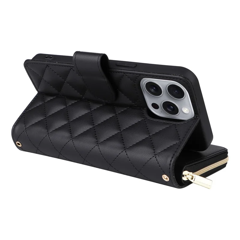 Voor iPhone 16 Pro hoesje met ritssluiting portemonnee PU leer ruitvormig telefoonhoesje met 2 bandjes - Zwart