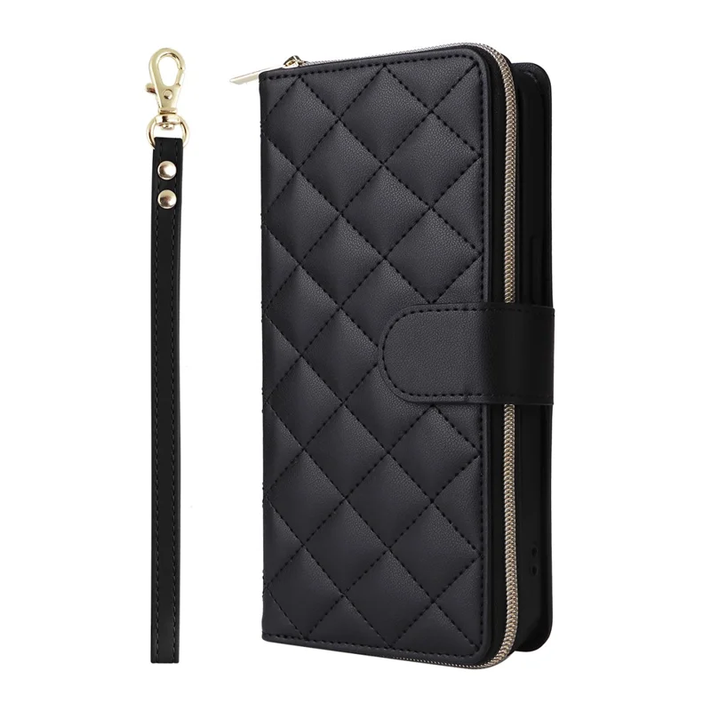 Voor iPhone 16 Pro hoesje met ritssluiting portemonnee PU leer ruitvormig telefoonhoesje met 2 bandjes - Zwart