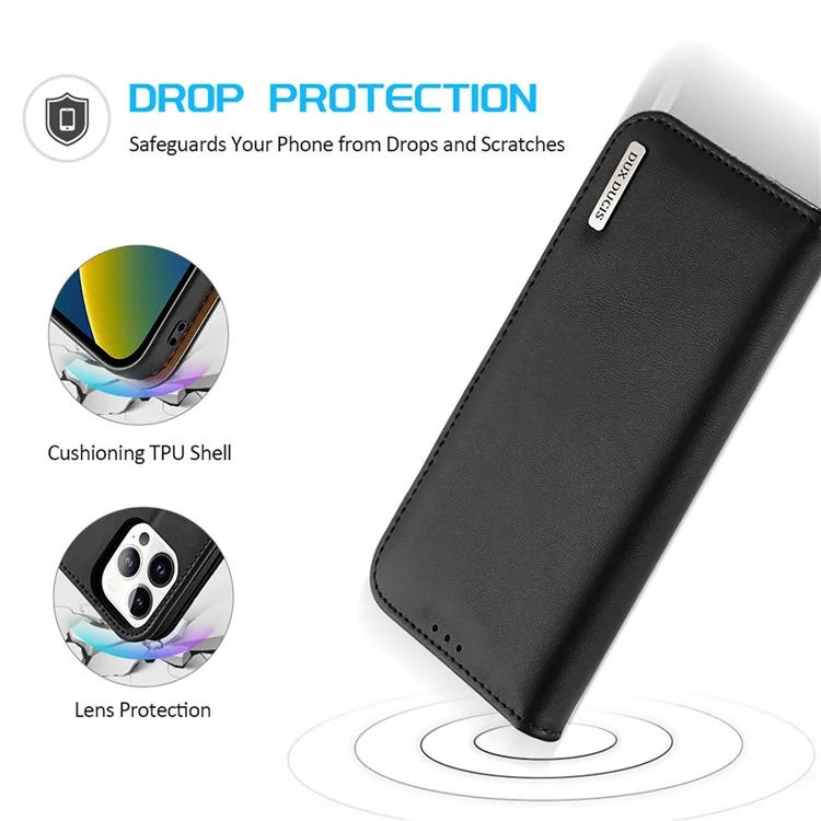 DUX DUCIS Hivo Series Phone Case per iPhone 14 Pro Protezione Completa Custodia in Vera Pelle a Portafoglio con Chiusura Magnetica, Supporto e Blocco RFID - Nero