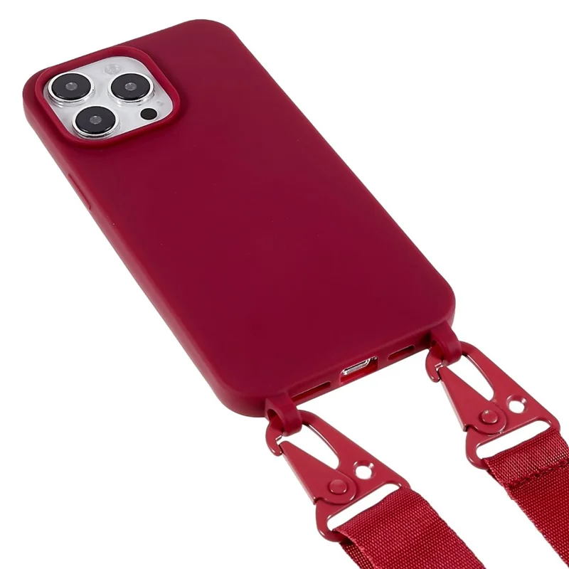 For iPhone 16 Pro Lanyard Case TPU Soft Matte Phone Cover - Wine Red