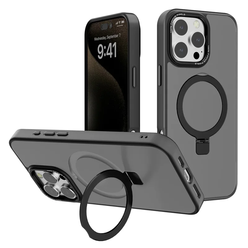 Voor iPhone 16 Pro Max hoesje met magneetstandaard TPU+PC telefoonhoesje mat transparant - Zwart