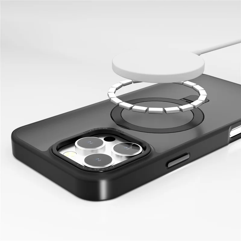 Voor iPhone 16 Pro Max hoesje met magneetstandaard TPU+PC telefoonhoesje mat transparant - Zwart