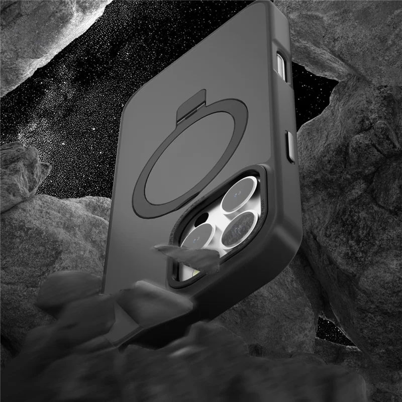 Voor iPhone 16 Pro Max hoesje met magneetstandaard TPU+PC telefoonhoesje mat transparant - Zwart