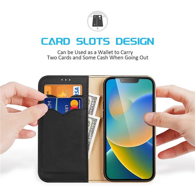 DUX DUCIS Hivo Series for iPhone 14 Plus Magnetic Closure Phone Wallet Case RFID Blocking Genuine Leather Anti-scratch Folio Flip Cover Stand - Black
