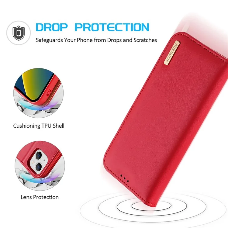 DUX DUCIS Hivo Series para iPhone 14 Plus Capa Carteira Magnética de Couro Genuíno com Bloqueio RFID Antirranhões Dobrável com Suporte - Vermelho
