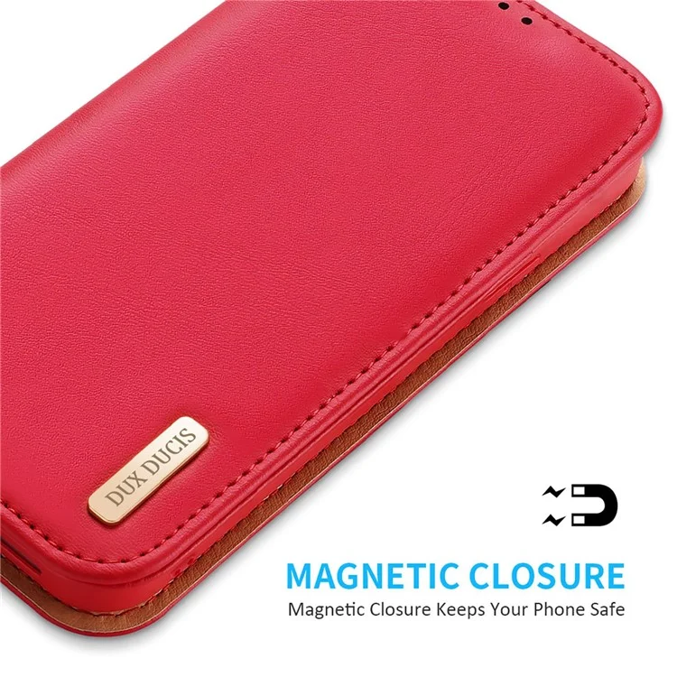 DUX DUCIS Hivo Series para iPhone 14 Plus Capa Carteira Magnética de Couro Genuíno com Bloqueio RFID Antirranhões Dobrável com Suporte - Vermelho