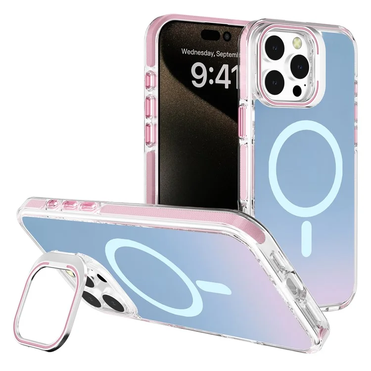 Étui pour iPhone 16 Pro de la série J2 compatible avec MagSafe, design laser, coque en TPU+PC avec cadre pour objectif et support intégré - Rose