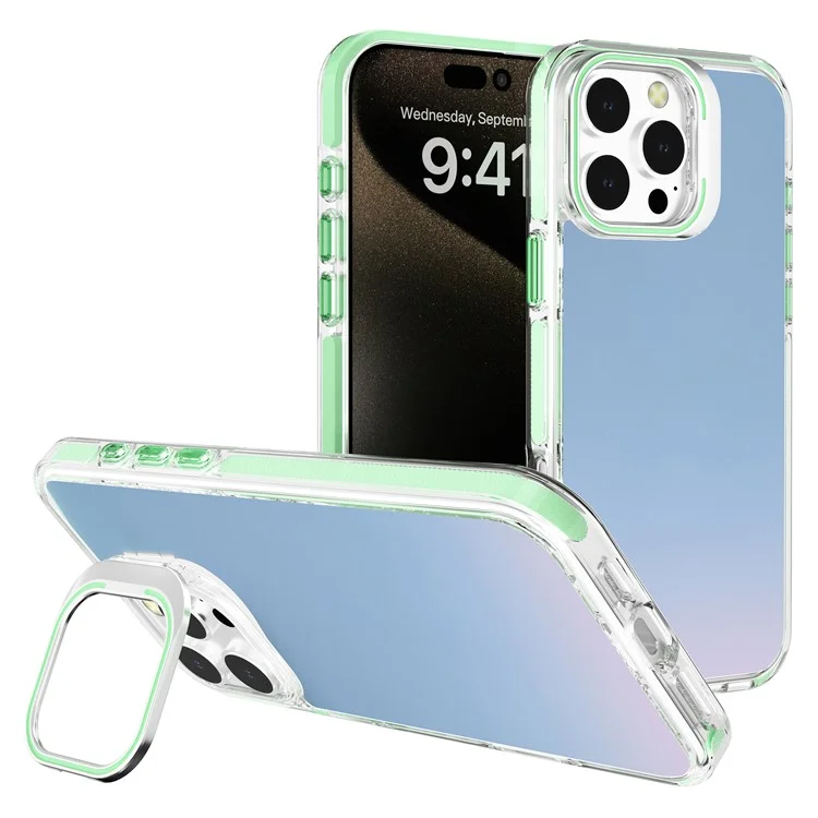 Étui pour iPhone 16 Pro J2 Series avec cadre de lentille, support et couverture de téléphone en TPU+PC, dos irisé au laser - Matcha Green