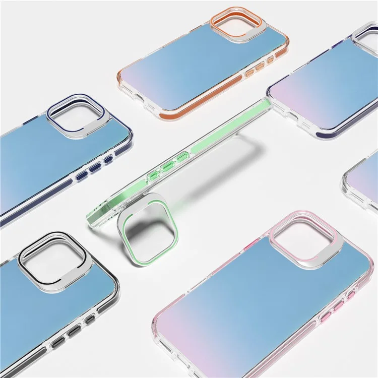 Étui pour iPhone 16 Pro J2 Series avec cadre de lentille, support et couverture de téléphone en TPU+PC, dos irisé au laser - Matcha Green