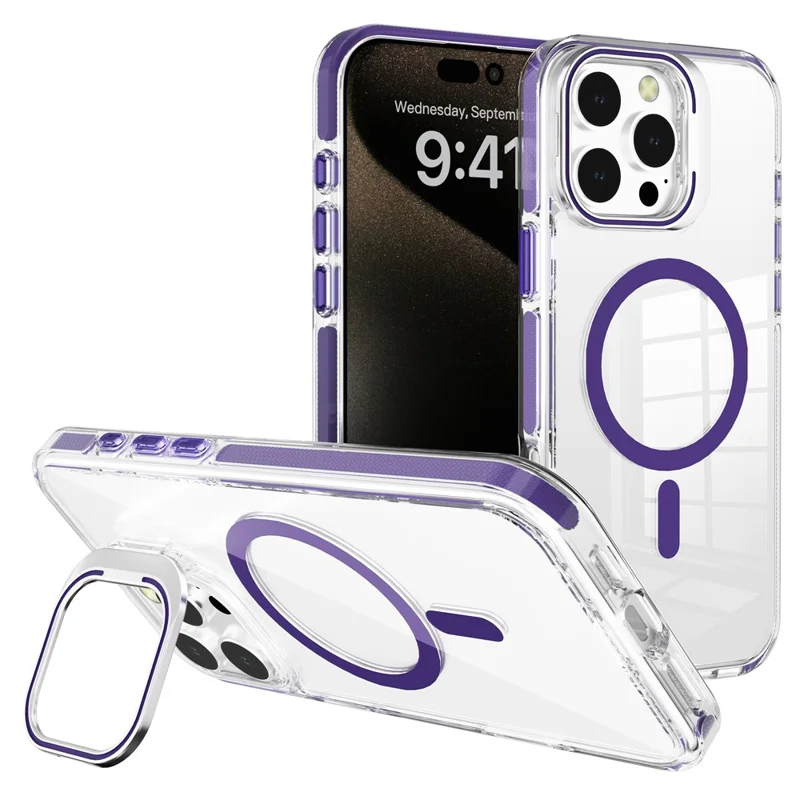 J2 Series For iPhone 16 Pro Max Magnetic Case Lens Kickstand TPU+PC Transparent Phone Cover - Dark Purple