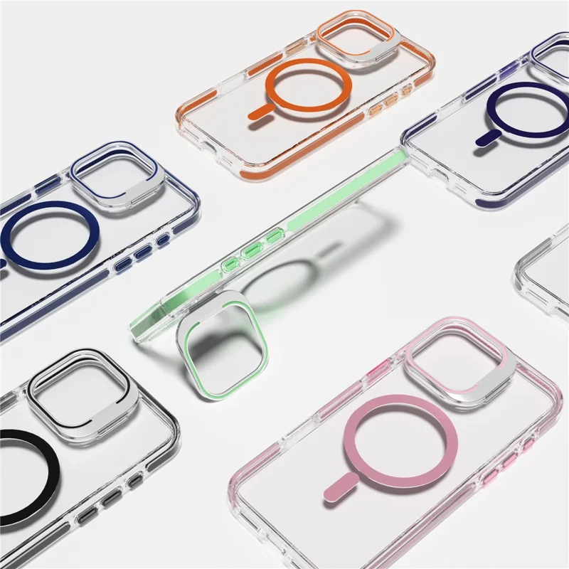 J2 Series For iPhone 16 Pro Max Magnetic Case Lens Kickstand TPU+PC Transparent Phone Cover - Dark Purple