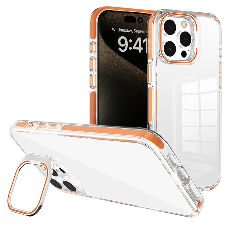 J2 Series For iPhone 16 Pro Case Transparent Back PC+TPU Phone Cover Lens Frame Kickstand - Orange