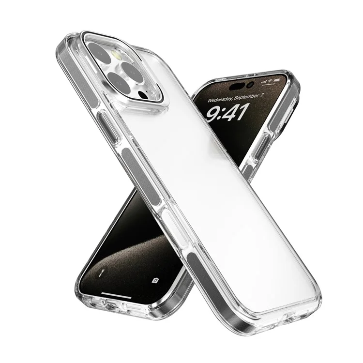 J2 Series For iPhone 16 Pro Case Transparent Back PC+TPU Phone Cover Lens Frame Kickstand - Orange